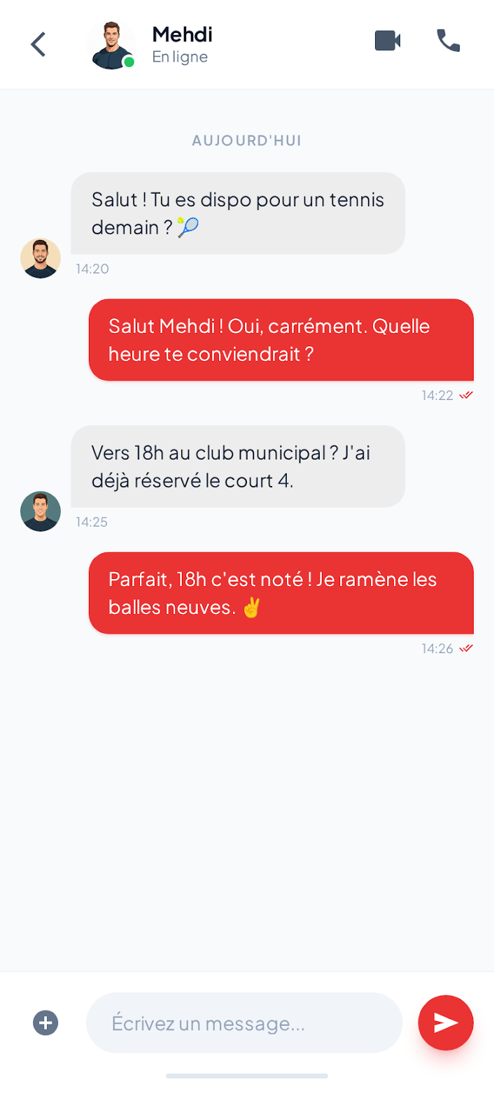 Sportopia chat screen arranging a tennis session