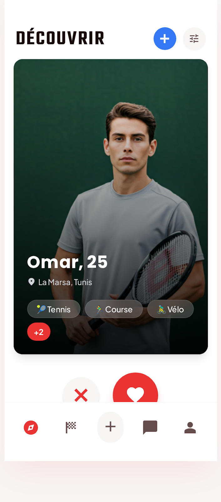 Sportopia discovery screen showing a nearby tennis player