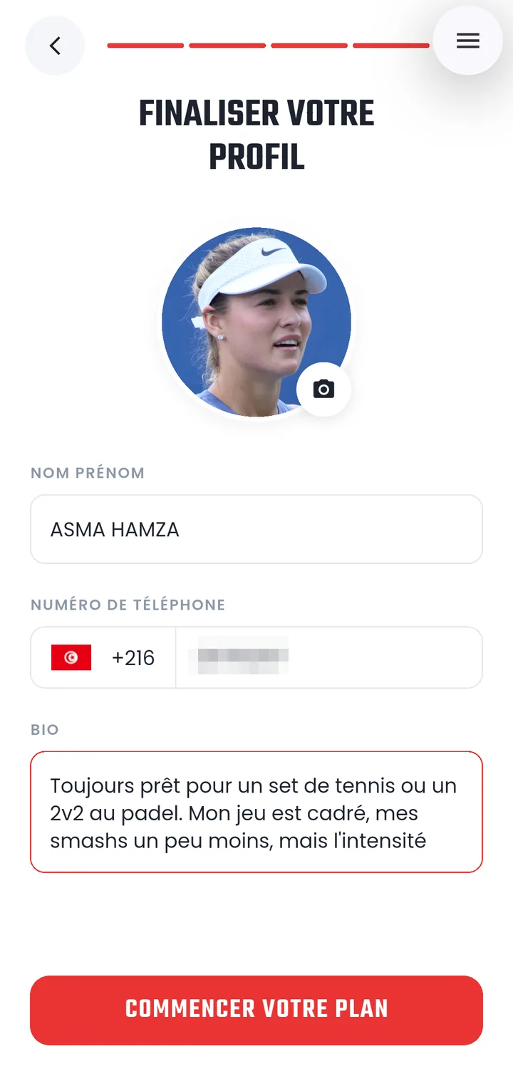 Sportopia profile setup screen